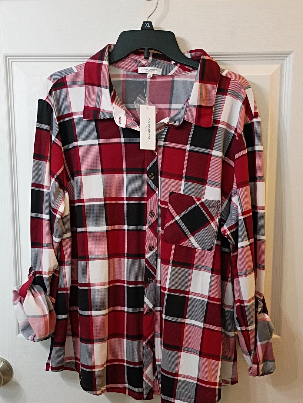 Women’s Red Plaid Button-Down Shirt with Chest Pocket